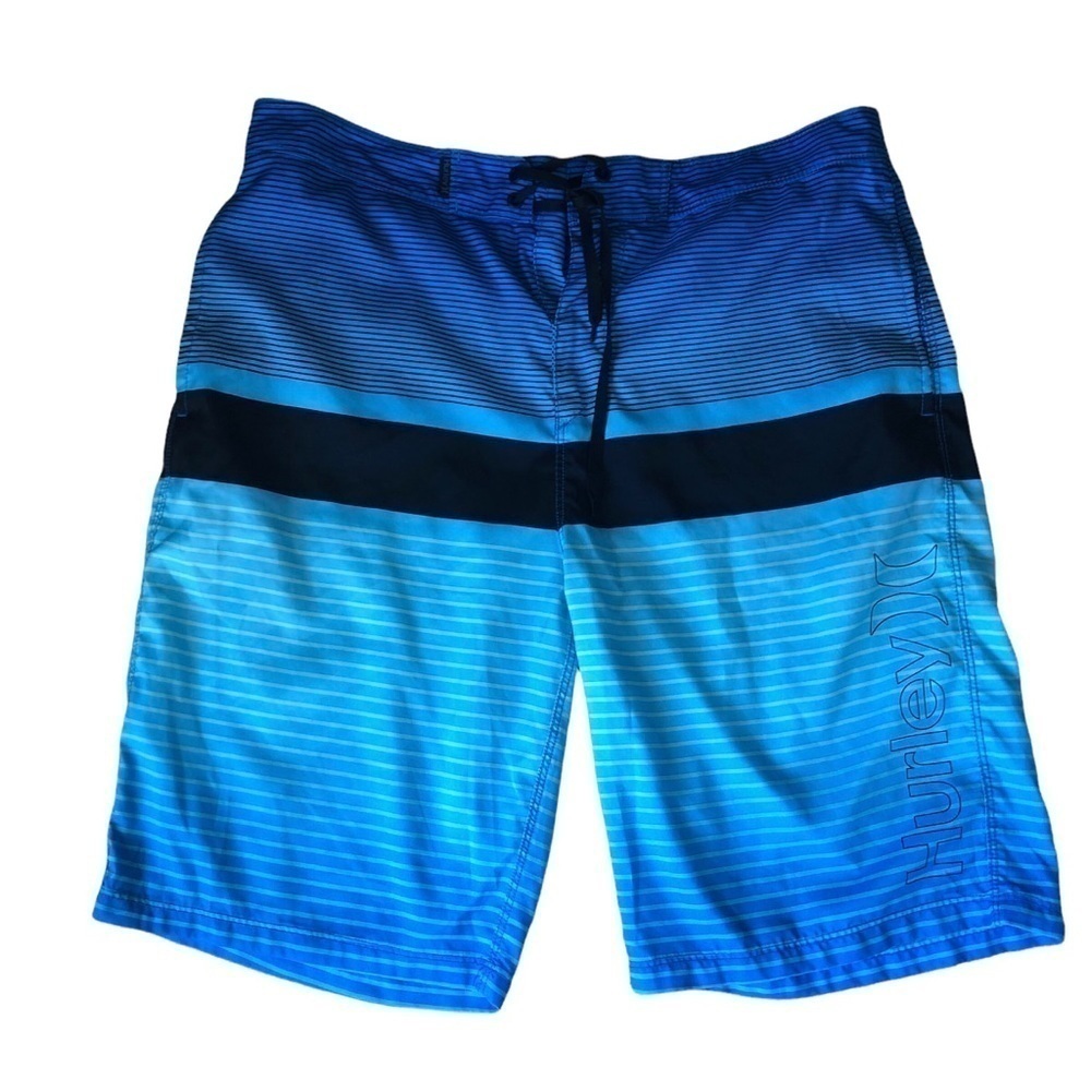 Hurley Blue Black Striped Lace Up Swim Trunk Pockets Size 34X10” The Buckle